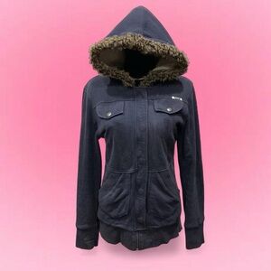 💙Roxy Dark Blue Utility Jacket with Faux Fur Trim Hood